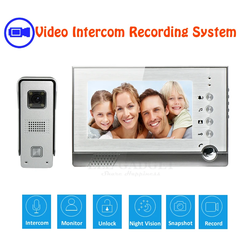 

New 7" Video Intercom Door Phone Wired Doorbell System Recording Photo Taking 700TVL Camera Night Vision Support Max 32G Card