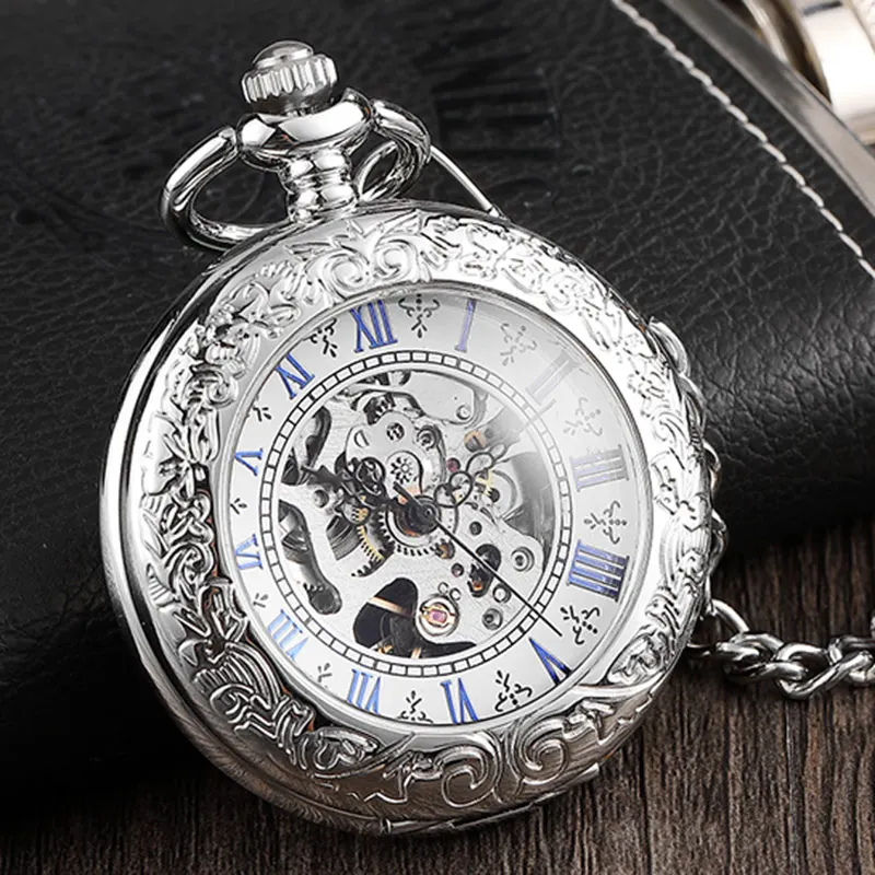 Elegant Mens Mechanical Pocket Watch Retro Ladies Silver Caved Flip Case Fob Chain Watch Hollow Skeleton Steampunk Clock for Men