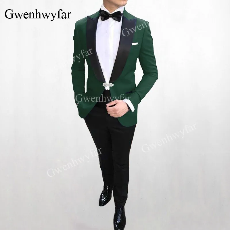 G-V Fashion Dark Green Suits Blazer For Men 2 Pieces Black Lapel Tuxedos Groom Best Men Wedding Party Dress Suits Slim Fit Cloth