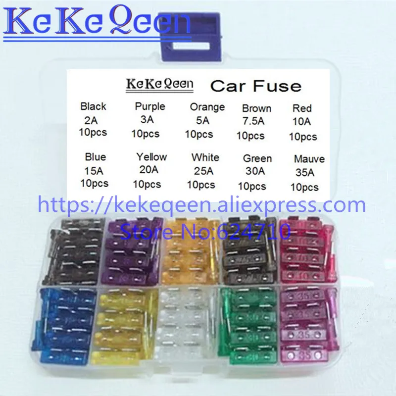 

100PCS/LOT Medium Car Fuses 2A 3A 5A 7.5A 10A 15A 20A 25A 30A 35A+ Clip Amp with Plastic Box Assortment Auto Blade Fuse SUV