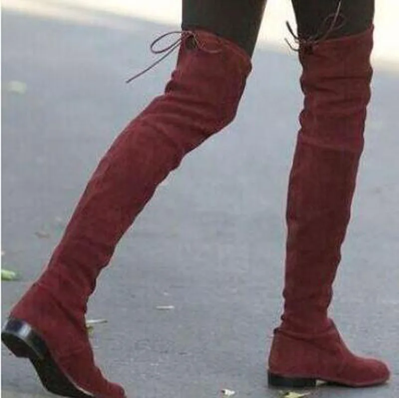

Women Fashion Round Toe Slim Style Over Knee Elastic Band Over Knee Boots Suede Leather Bandage Long Flat Boots Winter Boots