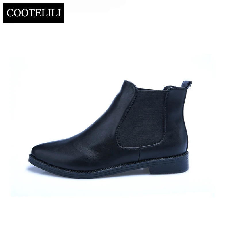 COOTELILI Women Ankle Boots Flat Heels Casual Shoes Woman Leather Boots For Girls Black pointed toe Chelsea Boots