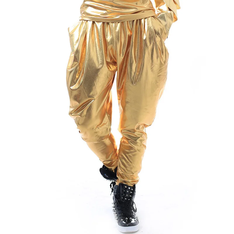 

Men Stage Costume Hip Hop Golden Elastic harem leather pants DJ DS Gogo Singers Dancer Performance Clothing Nightclub DNV10477-0