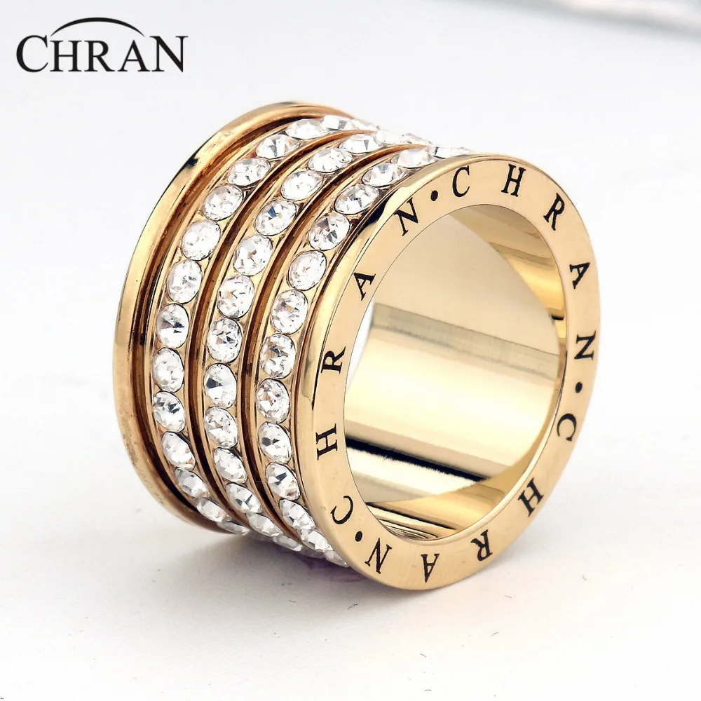 Chran Fashion 3 Pave Full Crystal Big Wedding Rings for Women Romantic Cubic Zirconia Ring Bague Femme Gold-Color Ring Female