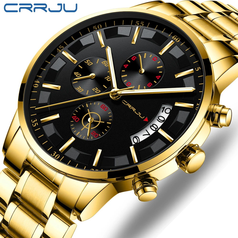 

CRRJU Business Men Watch Luxury Brand Stainless Steel Wrist Watch Chronograph Gold Military Quartz Watches Relogio Masculino