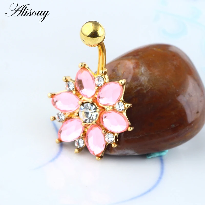 Alisouy 1PCS Surgical Steel Body Piercing Jewelry Flower Navel Belly Bar Pircing Belly Piercing belly button rings for girls