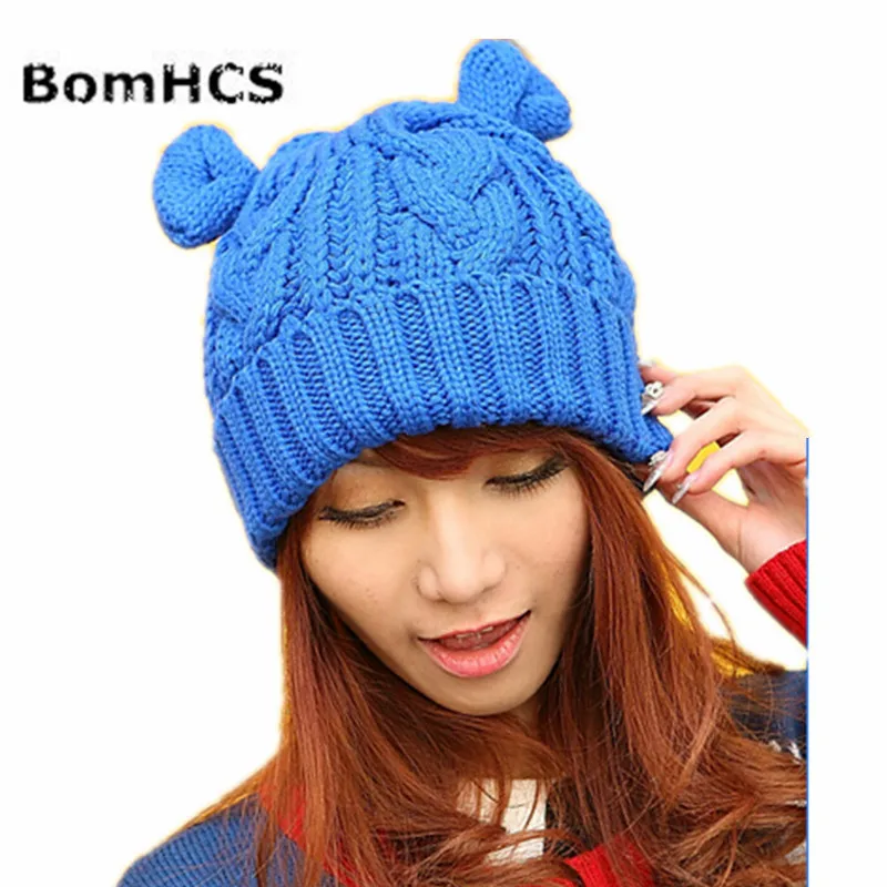 BomHCS Cute Hemp Flowers Flanging Braided Women Winter Warm Beanie Devil Horns Cat Ear Handmade Crochet Knit Cap Hat