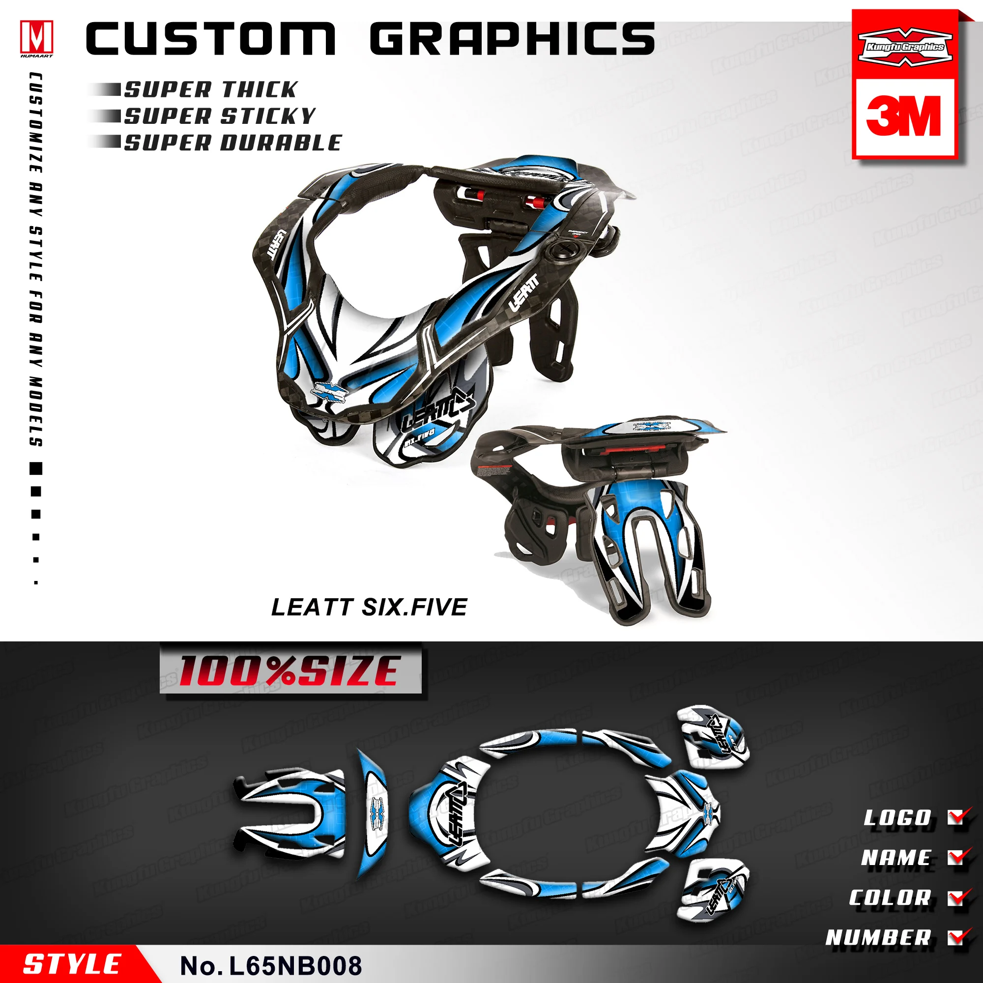 

KUNGFU GRAPHICS Self Adhesive Stickers MX Motocross Decals for Leatt GPX 6.5 Six Five Neck Brace Blue (Style no. L65NB008)