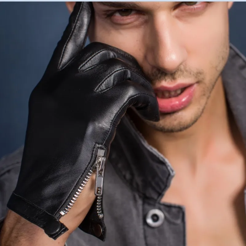 unlined Men\'s Genuine Leather Gloves Real Sheepskin Black Touch Screen Gloves side zip with Button winter Fashion Brand new