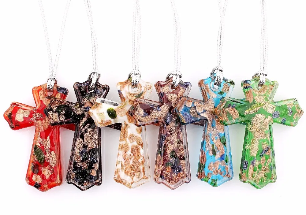 Hot Sell Wholesale Bulk 6pcs Murano Lampwork Glass Cross Pendant Charm Necklace For women\'s Gift