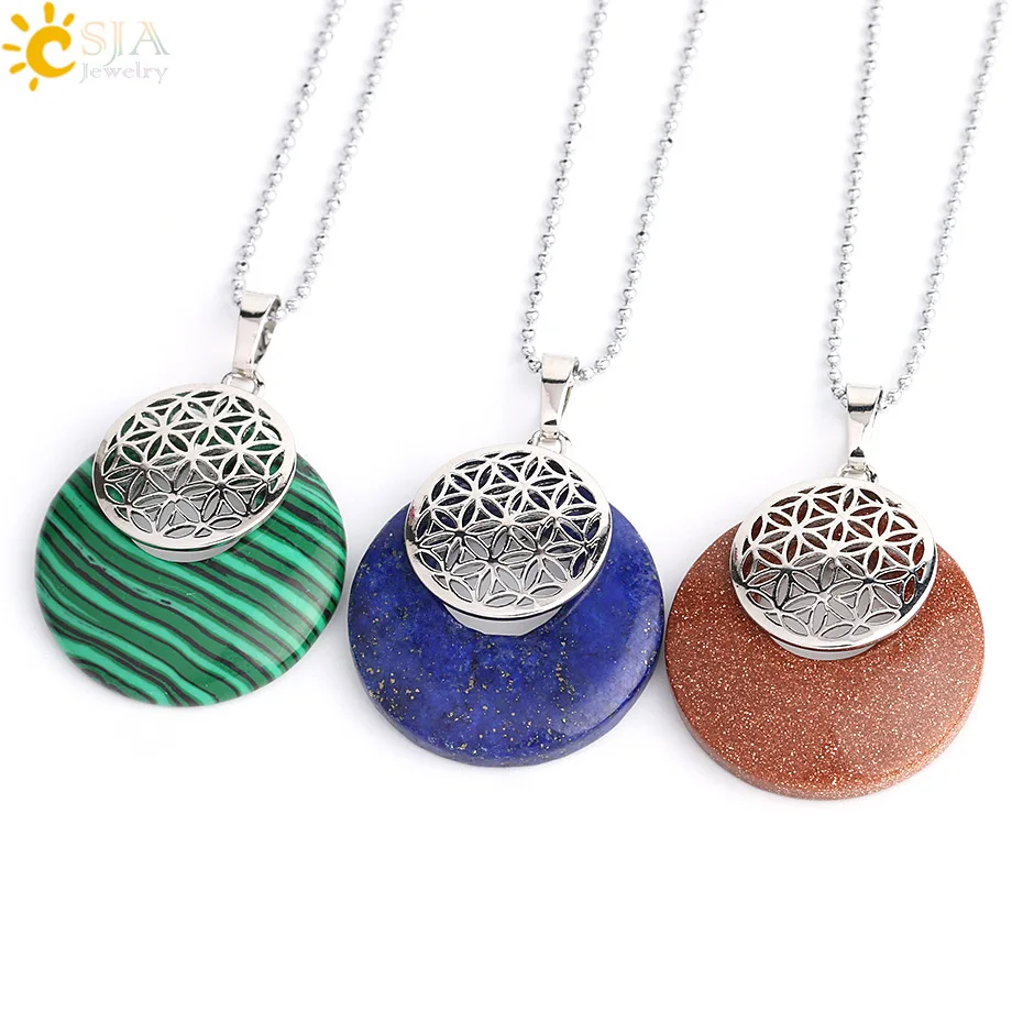 CSJA Natural Stone Flower of Life Pendant Necklace Reiki Amulets Hollow Out Circle Pendants Fit for Women Men Charm Jewelry G052