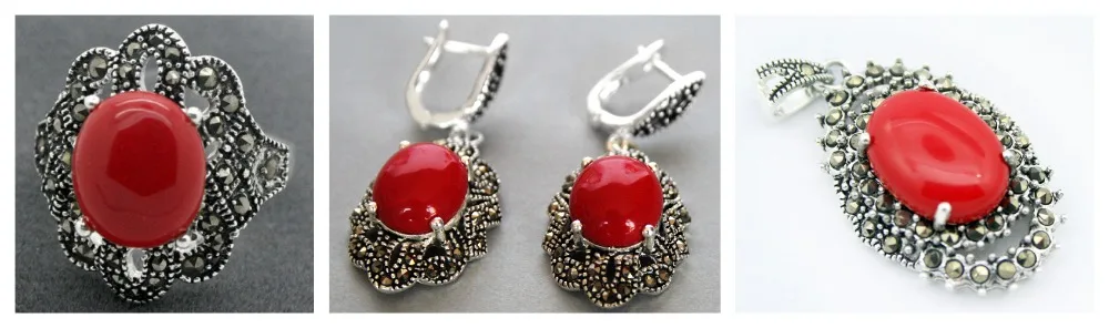 

Lady's Red Carved Lacquer Marcasite 925 Sterling Silver floeer Ring(#7-10) Earrings & Pandent jewelry sets