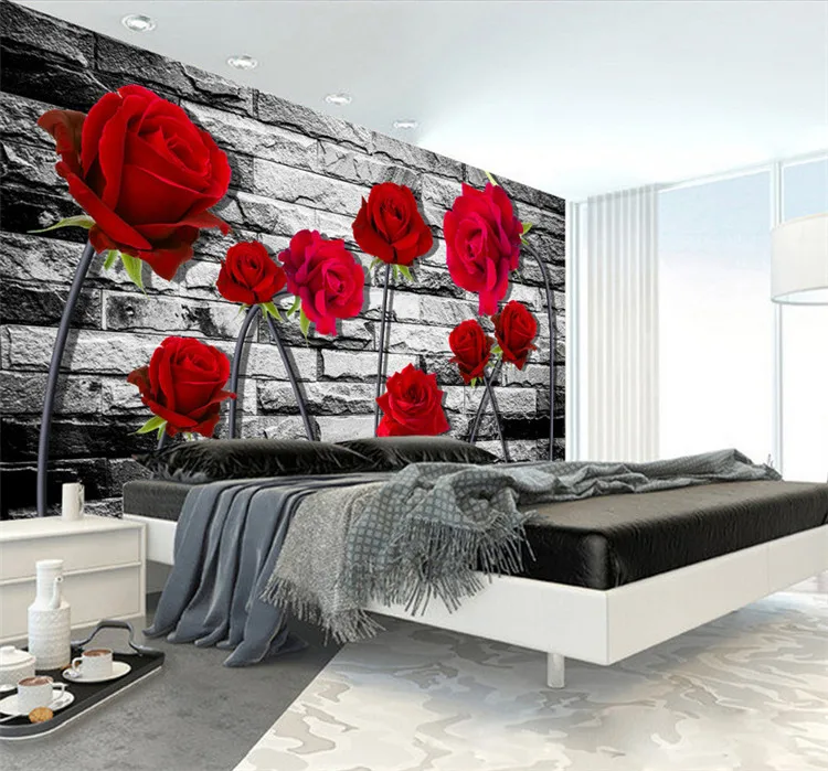 

Custom Wall Mural Photo 3D Stereoscopic Embossed Non-woven Wallpaper Red Rose Brick Wall Papers Home Decor Living Room Bedroom