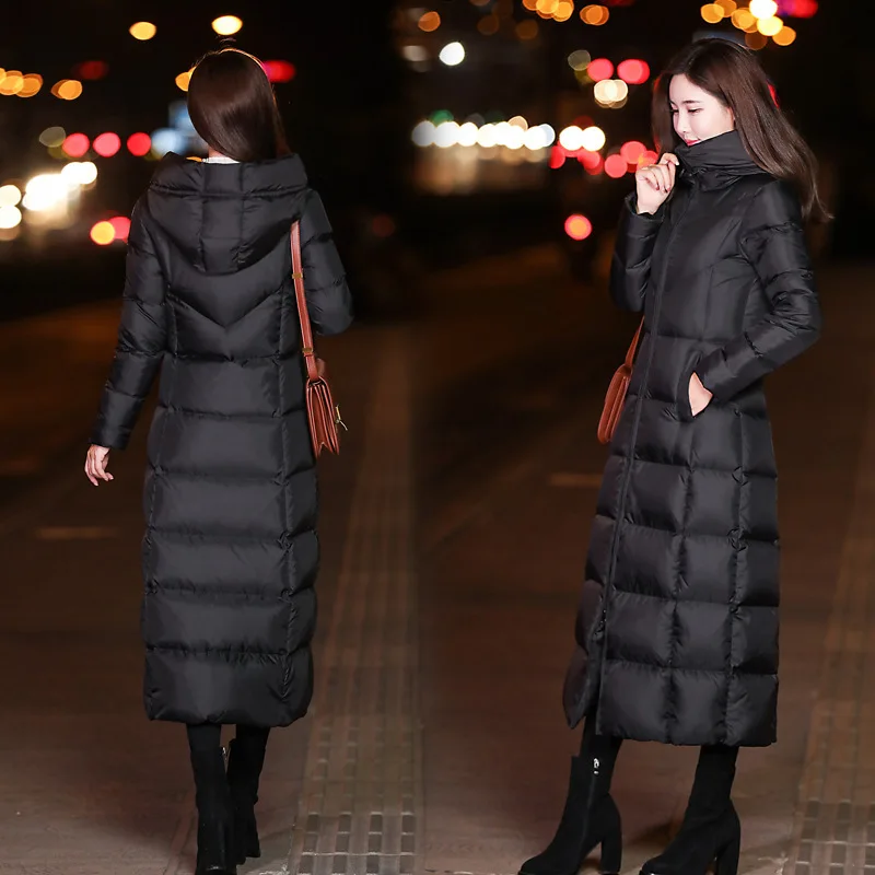 Winter Jacket Women Vintage 2019 Cotton Coat Slim Long Parka Over-Knee Korea Hooded Black Solid Lattice Warm Long Parka