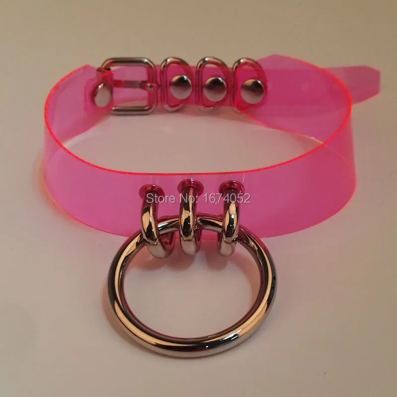 Harajuku Lolita 100% Handmade Pink Vinyl Choker Hanging  Metal Clear PVC Collar Wide Band Necklace