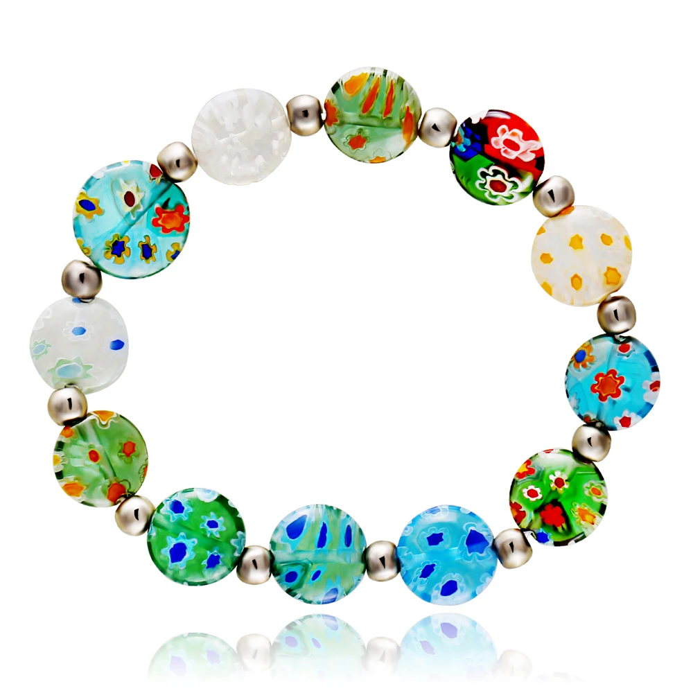 10mm Round Beads Glass Millefiori Flower Lampwork Beads Elastic Bracelet Women Trendy Beaded Strand Bracelets Gift for Women