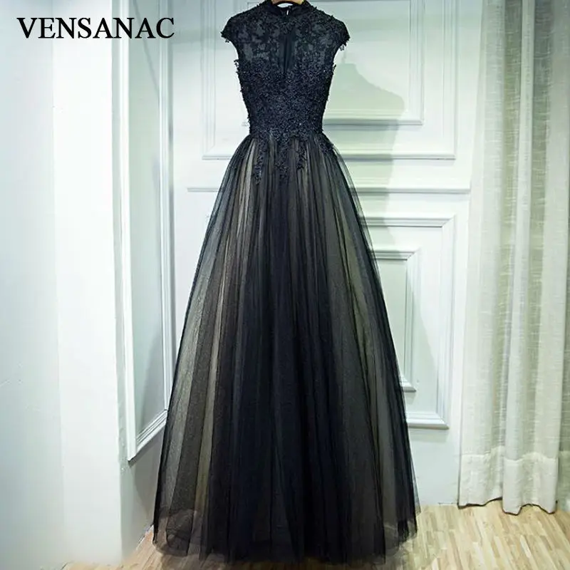 

VENSANAC 2017 New A Line Lace Appliques High Neck Long Evening Dresses Sleeveless Elegant Beadings Embroidery Party Prom Gowns