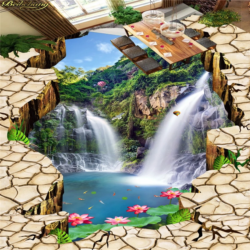 beibehang Custom Photo Wallpaper Floor Painting 3D Fissure Cliff Falls Lotus Sky Sky Bathroom Walkway 3D Floor