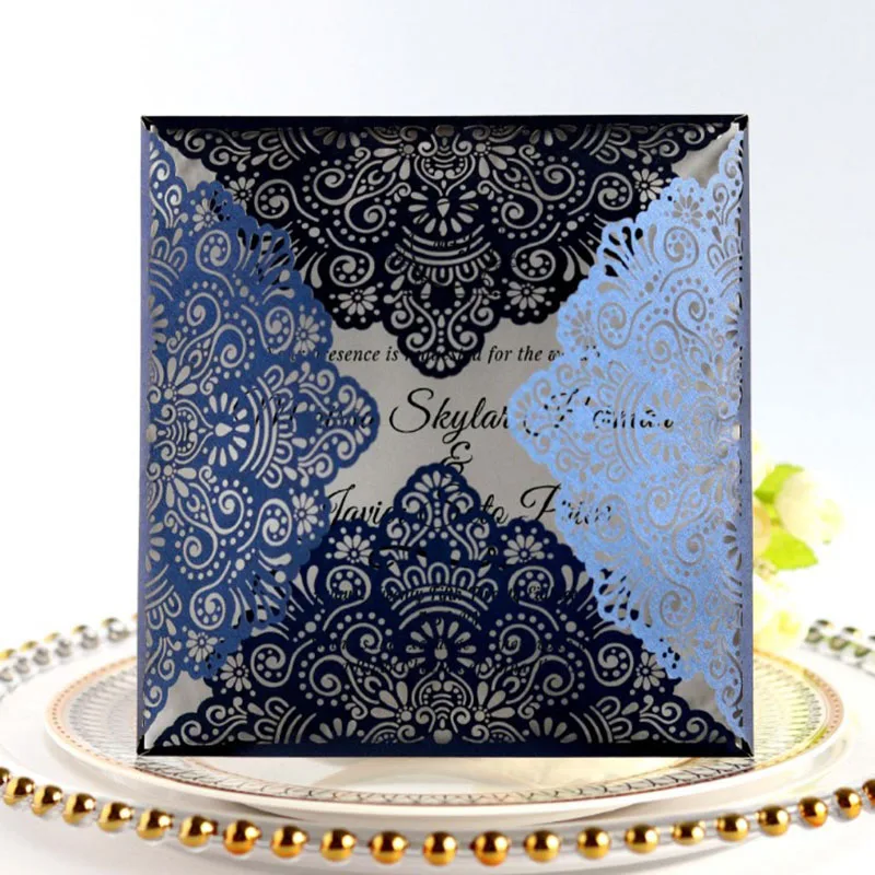 10pcs/lot Square Wedding Invitations White Pink Navy blue Laser Cut Wedding Invitation Card Wedding Event Party Decorations