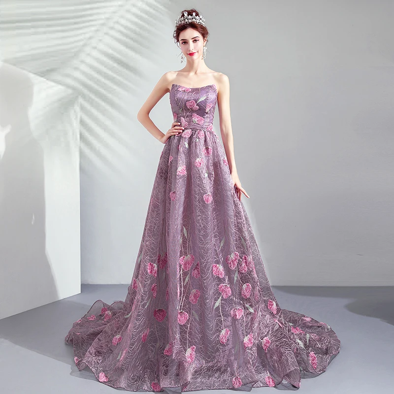 Charming Long Prom Dresses Rose Floral Print Lace A-line Lace Up Back 2019 Formal Party Dress Sweep Train Vestidos De Prom Gowns