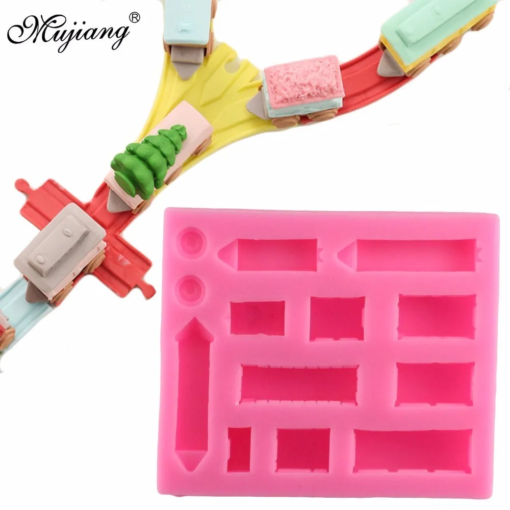 Mujiang Creative 6Pcs 3D Train Track Pine Fondant Mold Baby Birthday Cake Decorating Silicone Molds Chocolate Gumpaste Moulds