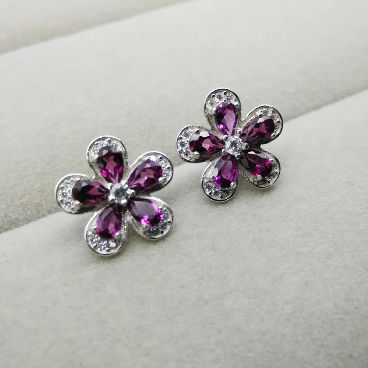 

Multicolored Earrings natural magnesium Garnet Earrings small flower 925 silver exquisite fashion one generation