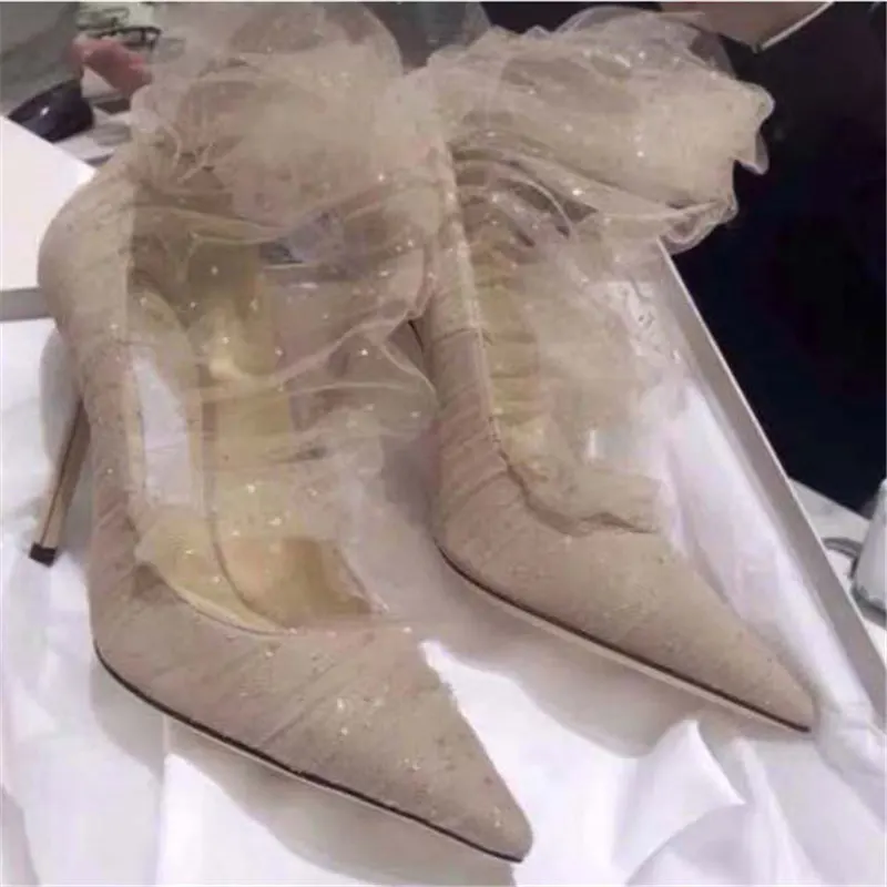 Zapatos mujer 2019 high heels ladies wedding dress pumps woman bridal shoes lace mesh glitter pointy toe summer sock boots