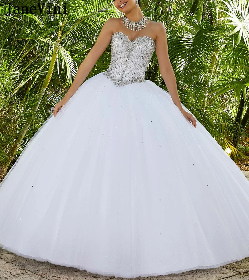 Vestidos de quinceañera largos blancos de lujo de princesa de lujo para mujer vestido de baile con cuentas brillantes sin mangas de tul