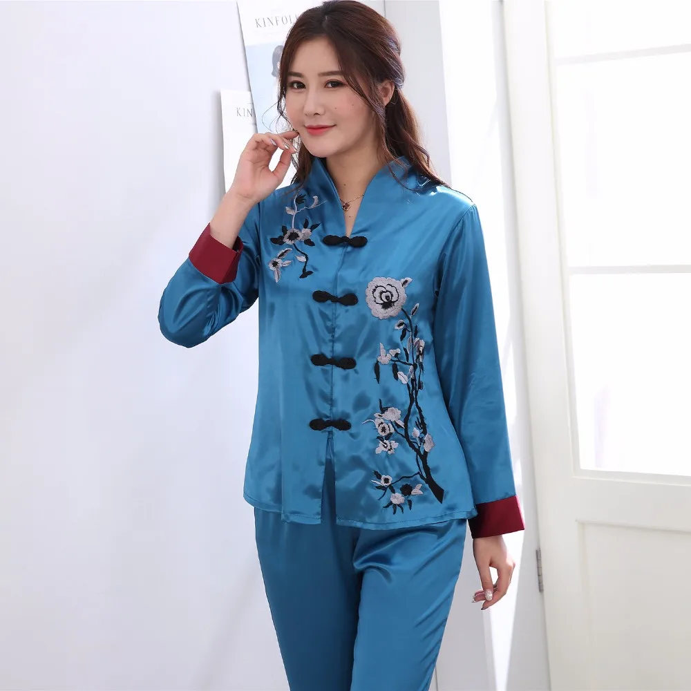 Plus Size XXXL Lady Sexy Rayon Pyjamas Suit 2 pcs Shirt &Pant Sleepwear Novelty Embroidery Chinese Women Pajama Set Flower