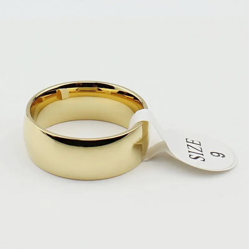 QianBei Trendy 8MM Stainless Steel Couple Ring Golden Wedding Solid Engagement Ring for Men Women Gifts Size 7-11