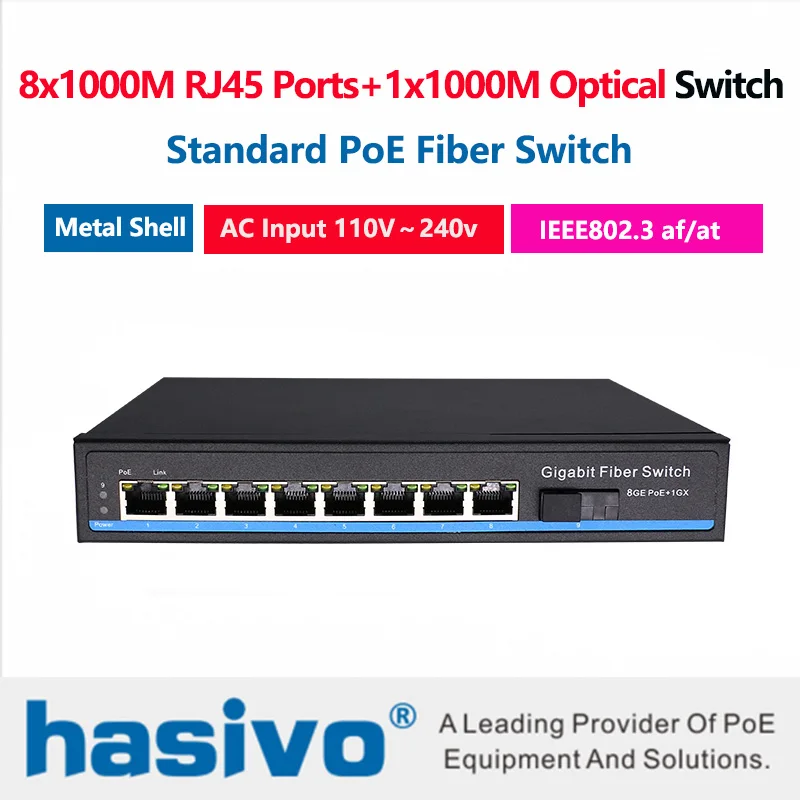 8x1000M RJ45 PoE Ports 1x1000M Fiber Switch built in power AC100V-240V PoE Switch