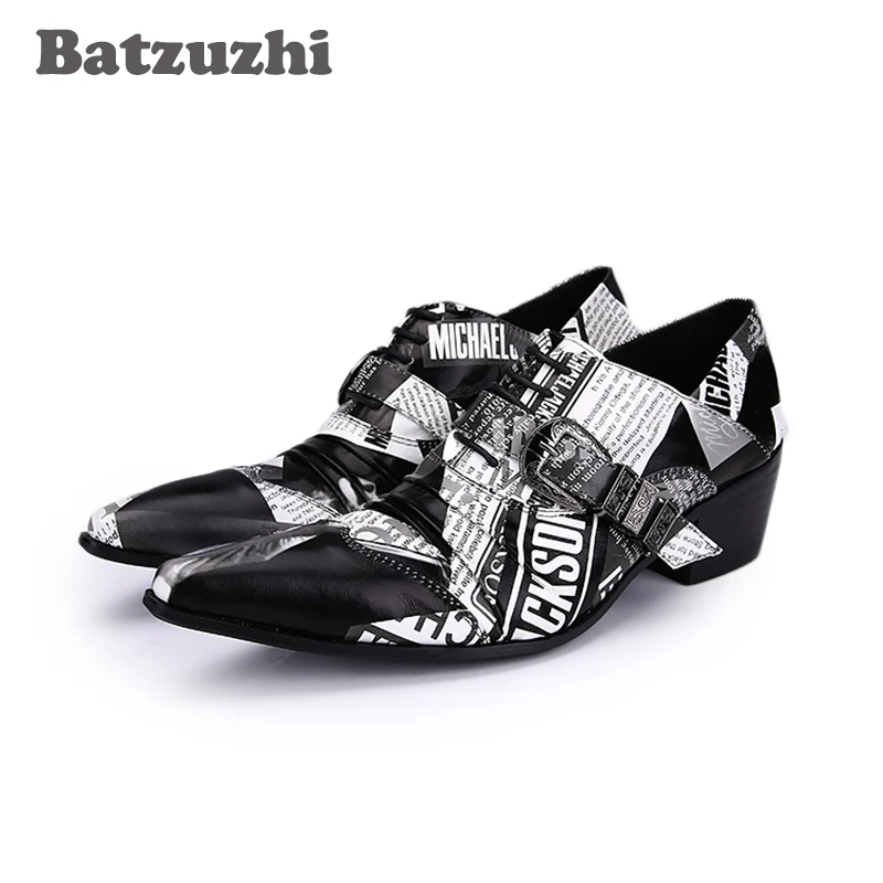 Batzuzhi 6.5CM Mens Shoes High Heels Personality Paper Pattern Leather Shoes Men Oxford Pointed Toe Zapatos Oxford Hombre, 38-46