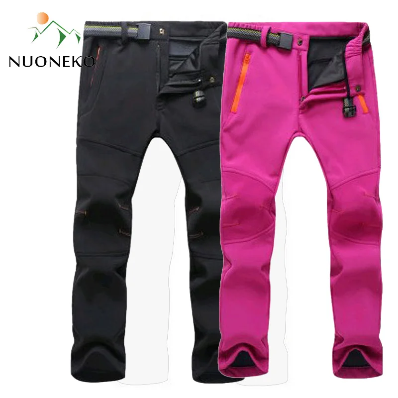 NUONEKO Softshell Fleece Pants Women Mens Camping Hiking Pants Outdoor Fishing Skiing Waterproof Windproof Male Trousers PM23