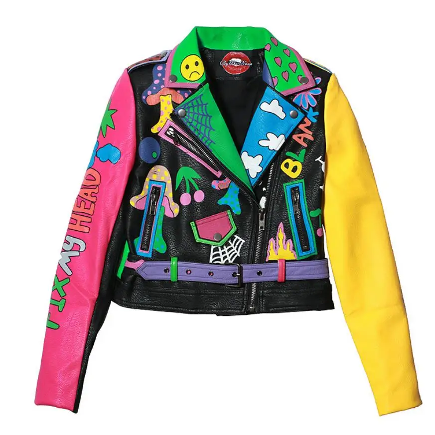 Hit color Leather jackets 2023 Spring Thailand fashion brand graffiti printing cartton locomotive Pu leather jacket wj231