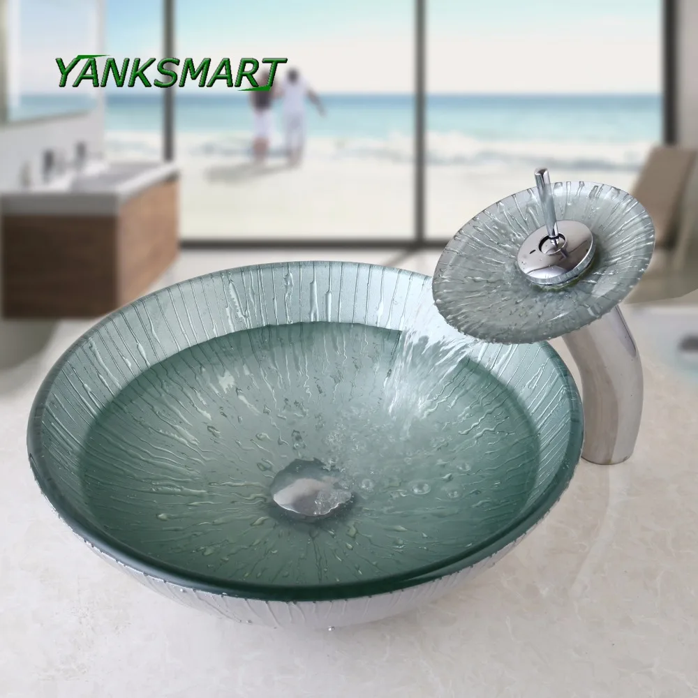 YANKSMART Ice style hand Painted Circular Round Bathroom Sink Set Tempered Glass Bathroom with Bathroom Faucet