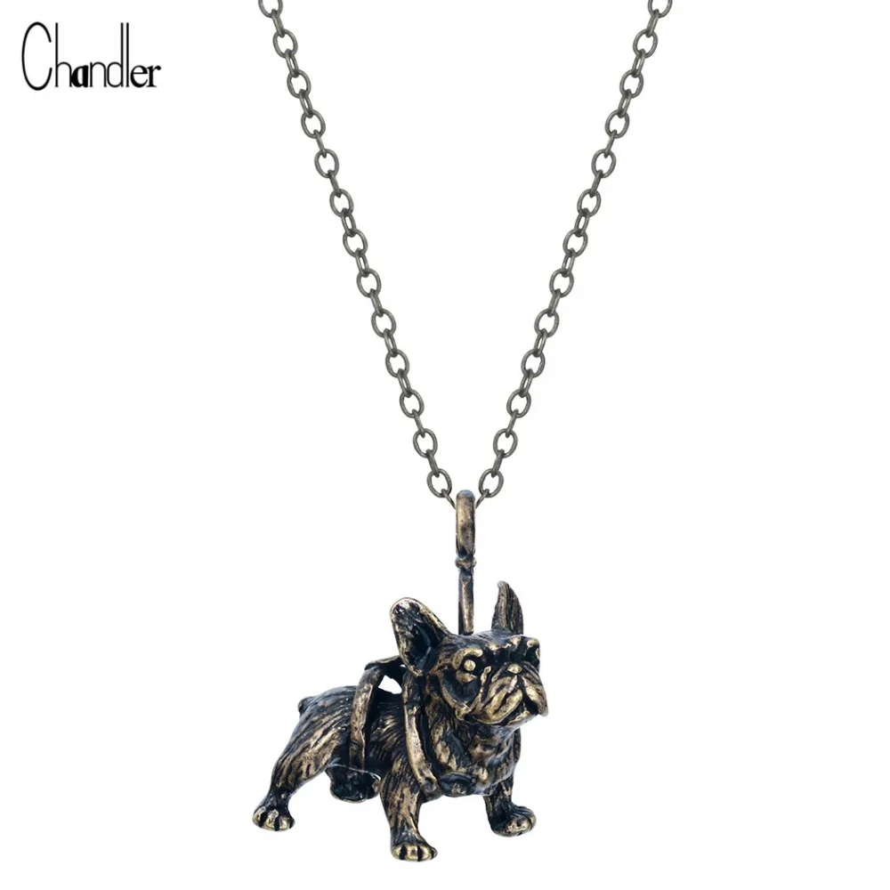 French Bulldog 3D Animal Pendant Necklace Chunky Long Chain Antique Bronze  Plated Sweater Torque For Women Men Jewelry