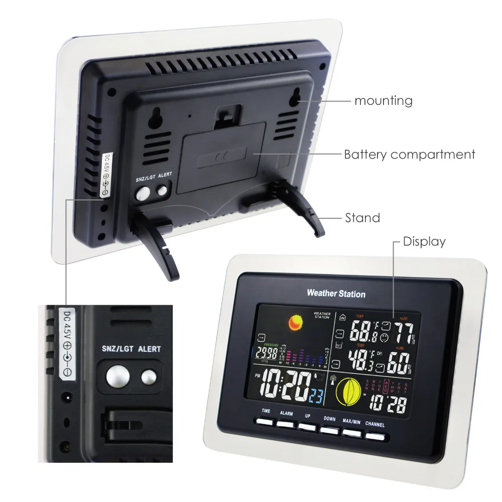 Wireless Weather Station 2 Remote Sensors Weather Forecast Moonphase Alarm Indoor Outdoor Temperature Humidity DCF RCC