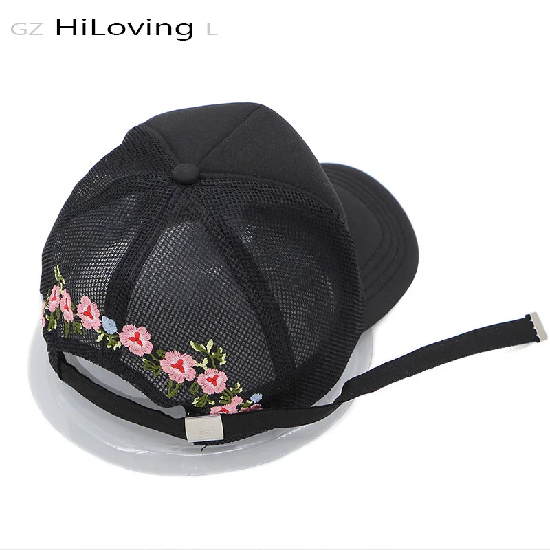 

GZHilovingL News Women Flower Embroidery Baseball Cap Adjustable Hats Ladies Cotton Black Hip Hop Cap Summer Mesh Baseball Cap