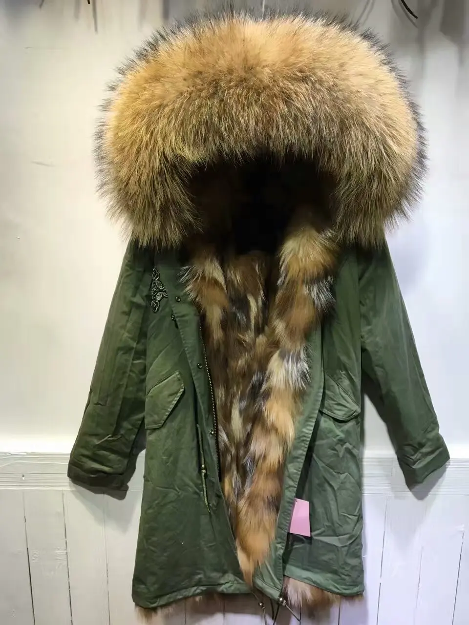 Long Army Green Men&Women Winter Fur Parka Real Natural Fox Fur Lined Overcoat Trendy Thick Warm Coat