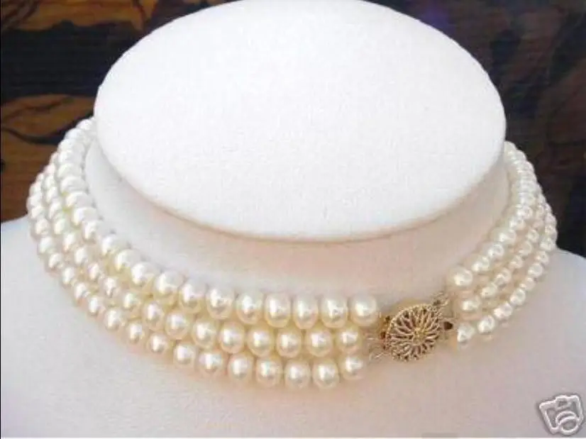 

3 ROWS 7-8MM White Akoya Cultured Pearl Choker Necklace-HDDU