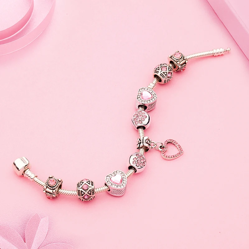 New Valentine\'s Romantic Pink Heart Charm Bracelet & Bangle Fine Crystal Diy Bead Bracelet Jewelry for Women Girl Gift