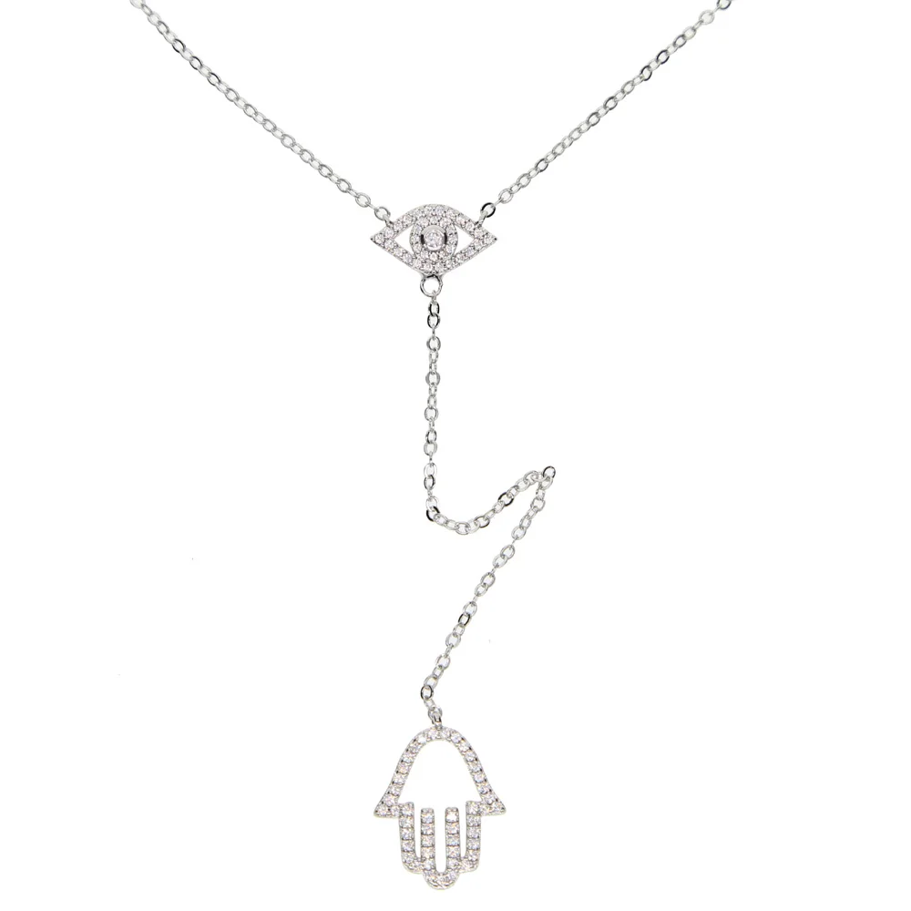 fashion jewelry turkish evil eye hamsa hand pendant micro pave clear cz Lariat Y shape Gold color stunning women necklace