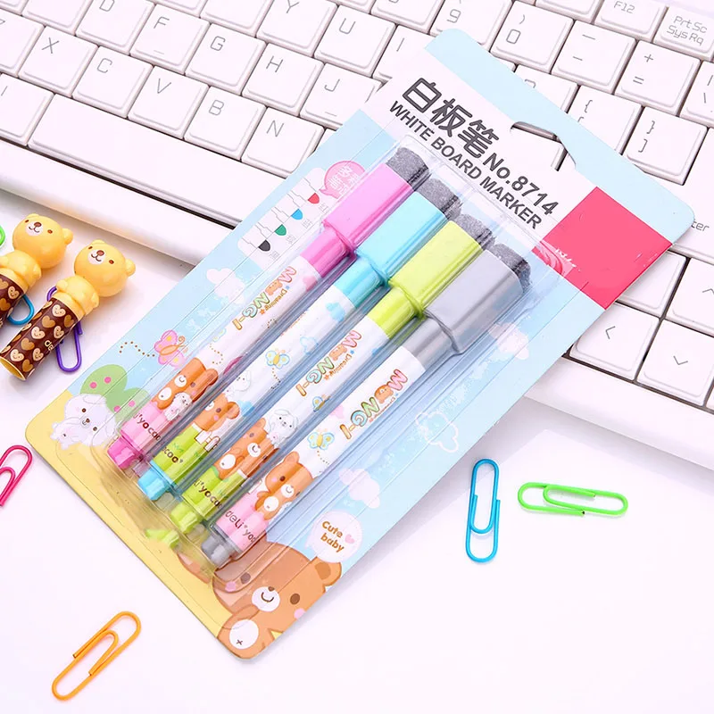 8714 4 PC/Set Cute 4-Color Mini Dry Erase Marker Whiteboard Marker Pen with Magnet & Brush for Shcool Stationery & Office