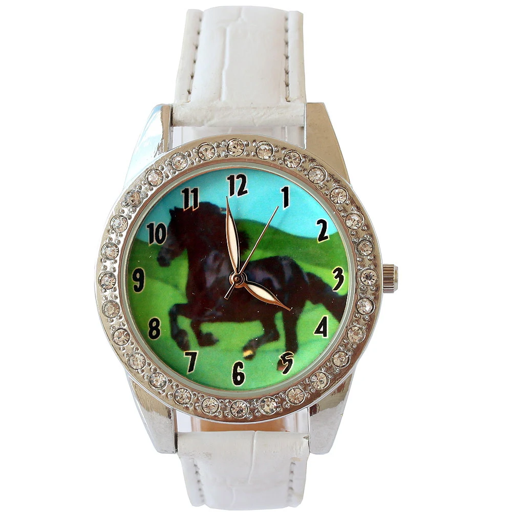 Imagem -03 - Relógio de Pulso Popular com Pulseira Branca Preta Cavalo Animal de Quartzo Cristal Diamantes Presente L18wt 10 Tamanhos Atacado Novo