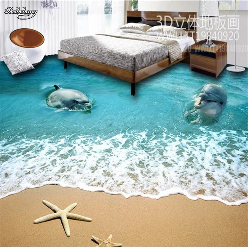 beibehang Custom large-scale mural summer beach dolphin 3D floor three-dimensional painting thick waterproof pvc wear film