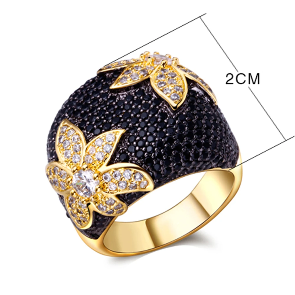 Black flower ring setting full black CZ birthday party jewelry White gold/Gold color Large Jet and white Sparkly Zirconia Ring