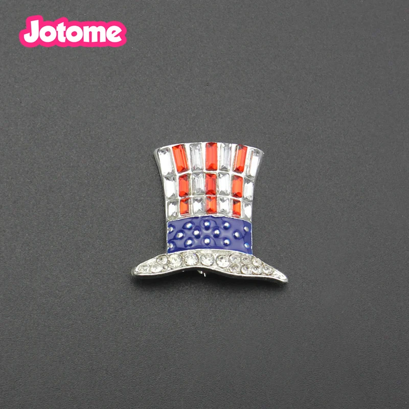 Fashion Jewelry Patriotic Uncle Sam Top Clear Rhinestone Hat American Flag Brooch Pin