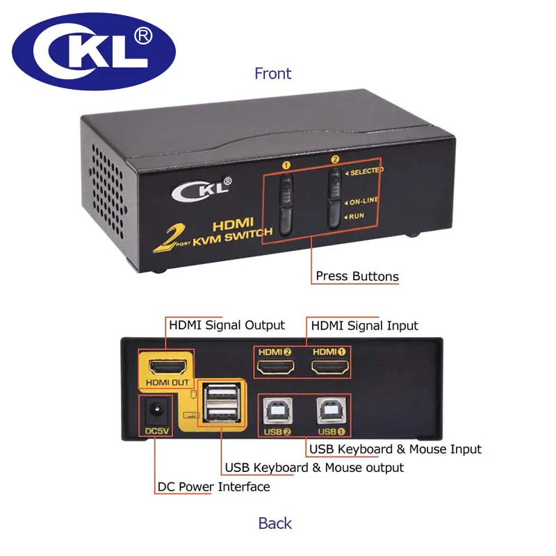 สวิตช์ KVM HDMI 2 พอร์ตคีย์บอร์ดเมาส์วิดีโอสลับสำหรับคอมพิวเตอร์แล็ปท็อปเซิร์ฟเวอร์เครื่องบันทึกภาพ 1080 จุด CKL-92H