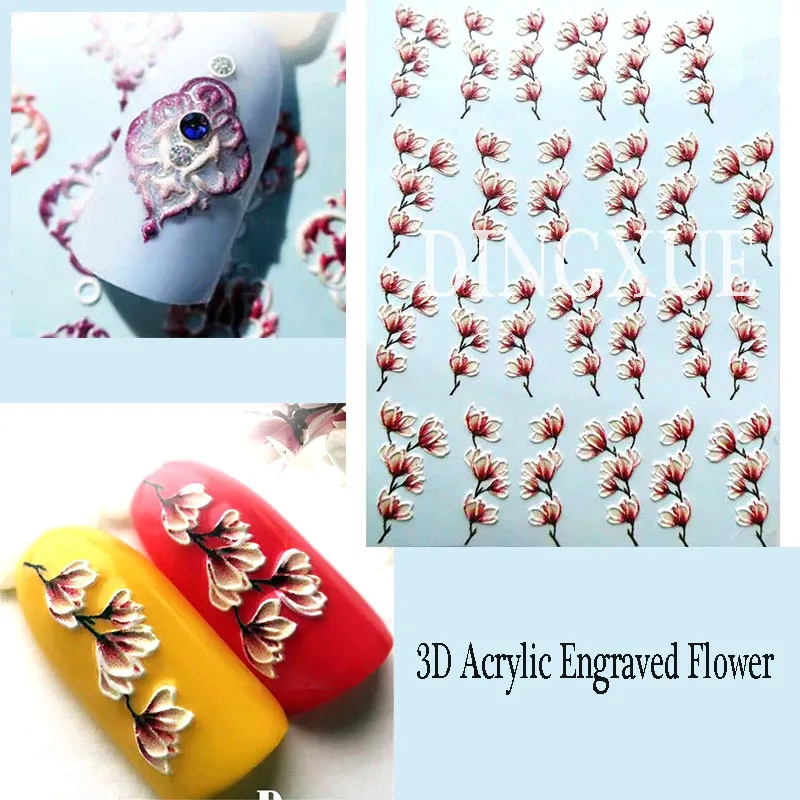 1pc 3D Acrylic Engraved flower Lotus bee Nail Sticker Embossed red Flower Water Decals Empaistic Nail Water Slide Decals Z0098