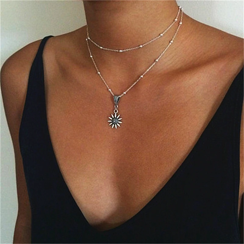 Vienkim Bohemian Vintage Sunflower Pendant Necklace for Women Multilayer Geometric Jewelry Trendy Alloy Chain Necklace New Gifts